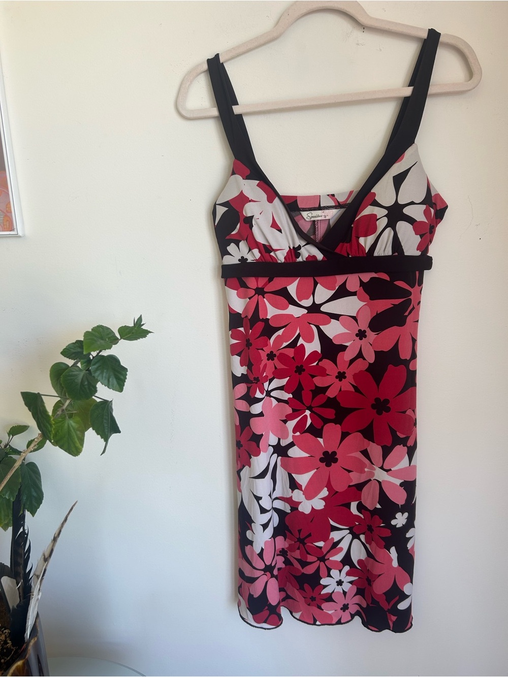Vintage Y2K Pink, Black & White Floral V-Neck Mini Dress